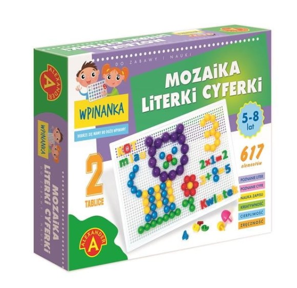 Mozaika wpinanka Literki i cyferki duży zestaw 617 elementów Alexander